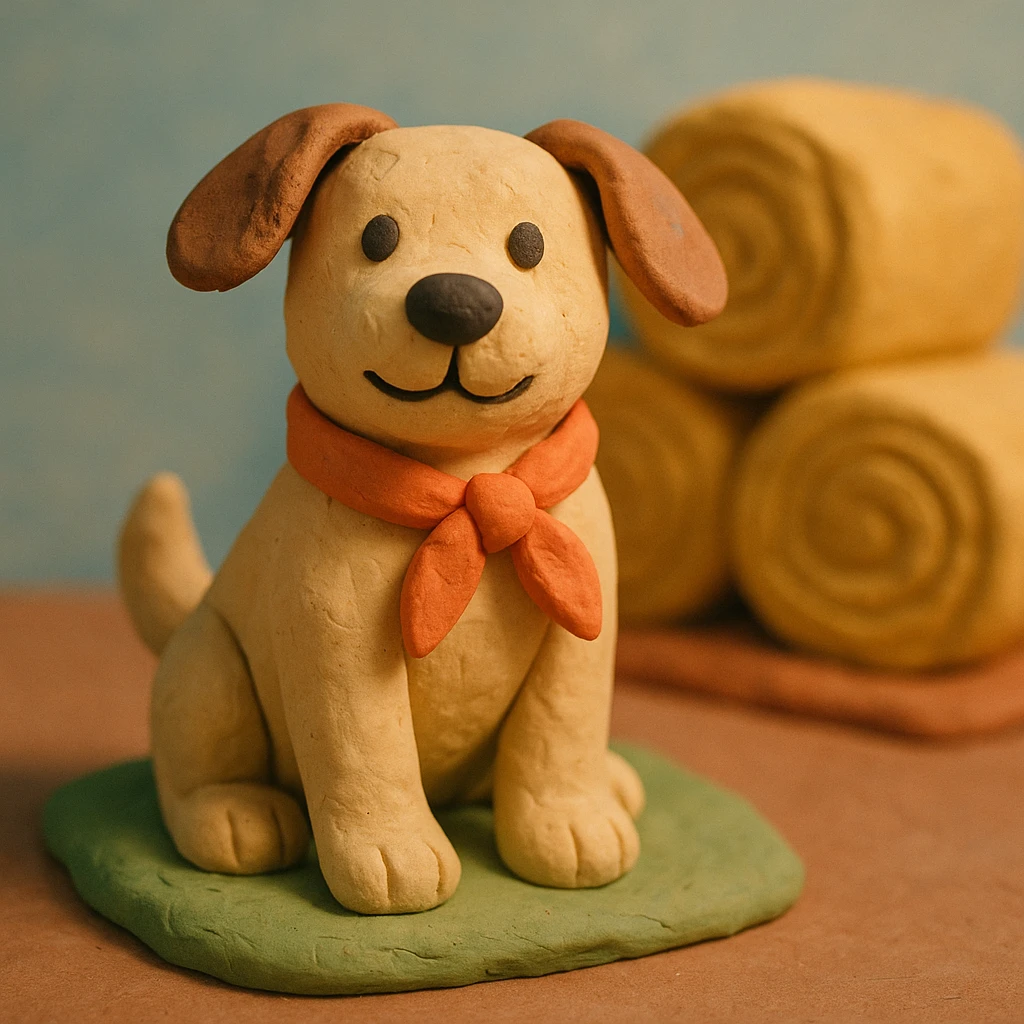 friendly farm dog with a bandana, hay bales in background, soft pastel colors, claymation style emoji