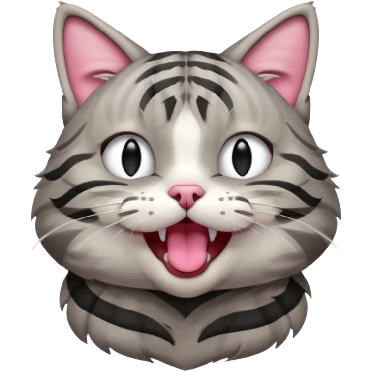 A high-resolution photo-realistic digital illustration of a solid grey tabby cat, eyes closed, head titled up yawning emoji