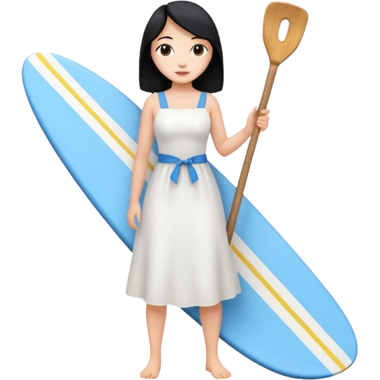 Princess who wearing white dress (woman) black hair holding her phone and long shovel with another hand. She is standing on her feet, there is one blue surfing board. emoji