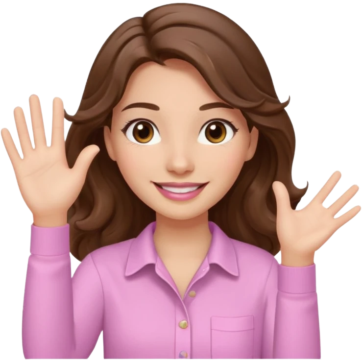 girl with wavy long brown hair, brown eyes, light to medium complexion, long lashes, light pink lipstick, smiling, wearing light pink shirt, waving hello emoji