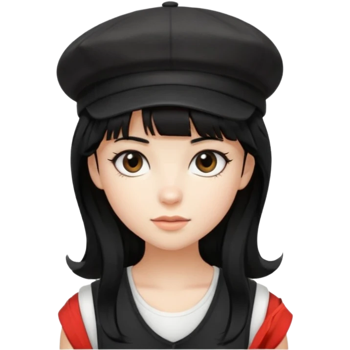 pinterst girl with heavy bang, black long hair and black newsboy cap on her hat, wearing white sleeveless  emoji