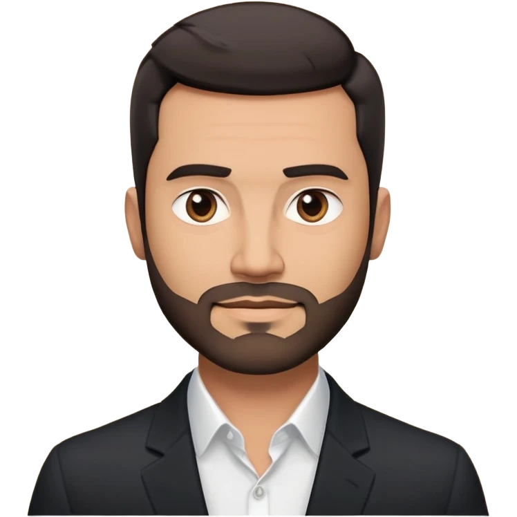 Good-looking robust man in his mid-40s with light brown skin tone, short black hair with evident fade cut, 5 o'clock shadow/scruff instead of beard, strong square face, approachable TV host expression, black blazer left open showing white buttoned shirt emoji