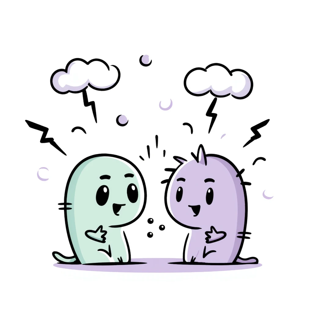 handwritten style or rounded cute font Chinese characters '好扯喔', with clouds, lightning, and bubbles, main colors lavender purple and mint green, soft pastel style, overall soft and cute, suitable for emoji or sticker emoji