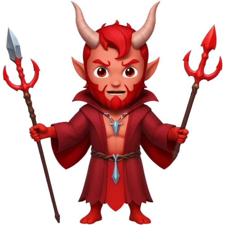 Full body 3D Memoji male devil in a dark robe, holding a trident symmetrically with both hands centrally. Red skin, horns, solid background. emoji