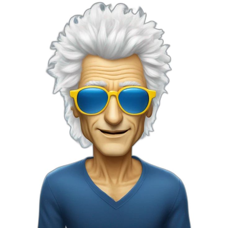 michel polnareff avec des lunettes de soleil blanches, des cheveux longs jaunes, vieux, avec un costume bleu et expression de visage neutre emoji