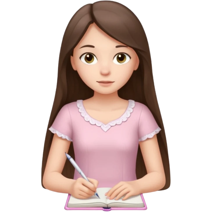 white brunette teen long hair with hazel eyes in a light pink dress writing in a notebook emoji