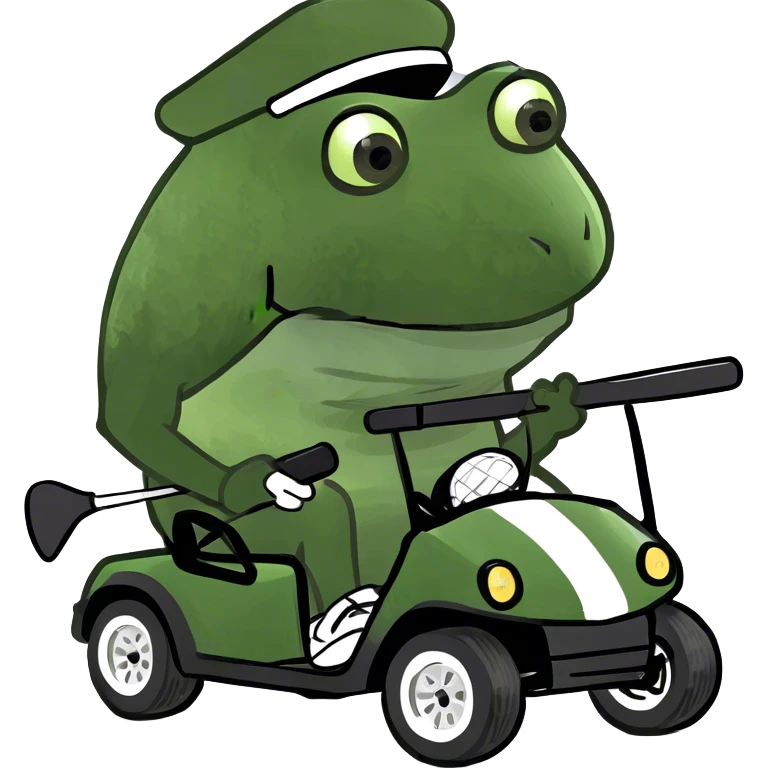Bufo playing golf in a golf kart with a golf club and no hat emoji