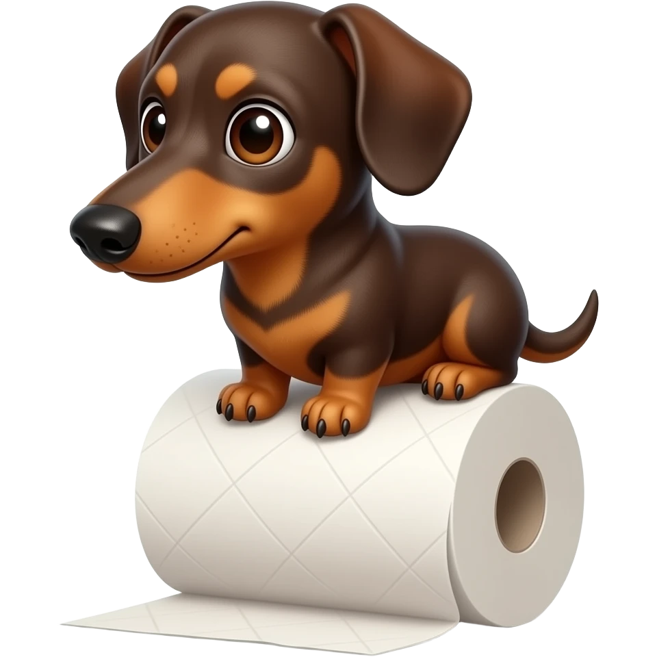 whimsical dachshund wide eyes full body sitting on a toilet paper emoji
