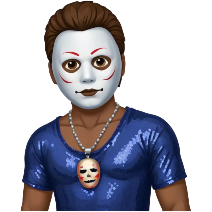 Michael Myers with white mask with brown hair, indigo sequin baggy pants, shirtless with necklace emoji