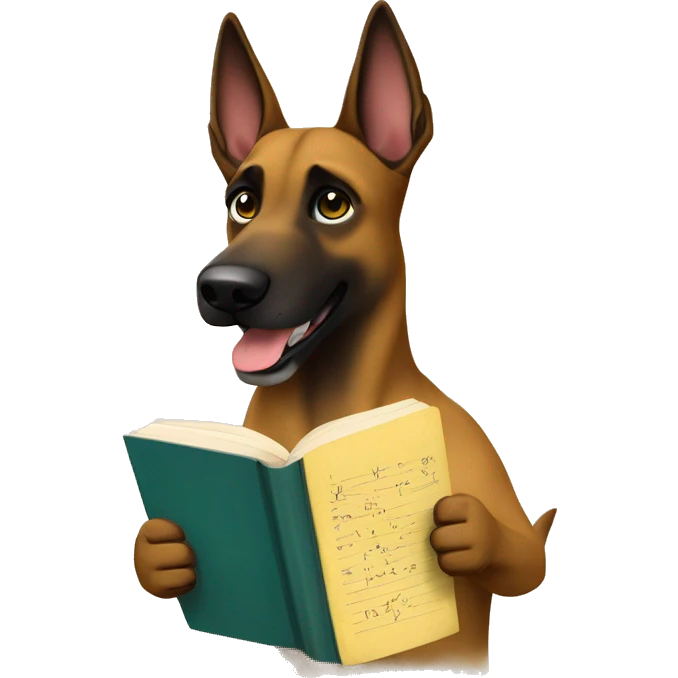 malinois prends des notes avec un livre emoji
