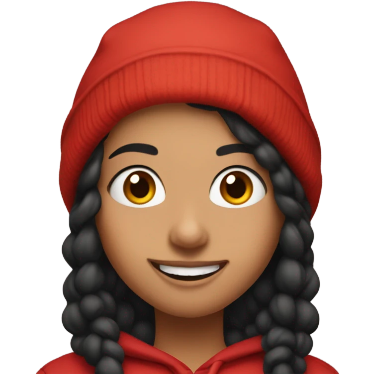 Spanish girl wearing black beanie and red hoodie with a nose piercing and thick eye brows and smiling emoji
