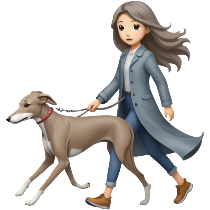Japanese girl with flowing hair walking a solid grey greyhound with no white markings emoji