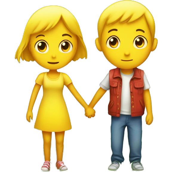 two bright yellow emojis of a boy and a girl holding hands on a lush green grass field. The girl is looking away, as if she is about to leave. The boy is looking at her with a sad expression, as if he doesn't want her to go. emoji