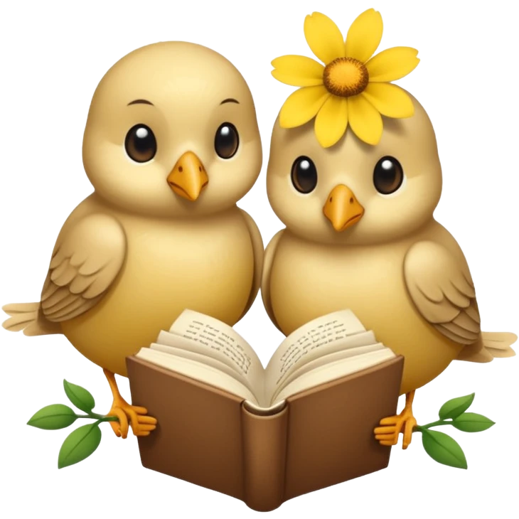 2 beige Birds reading books + flower emoji