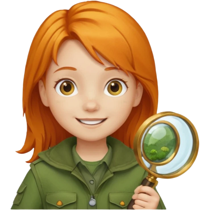 braid orange haired girl kid in moss green explorer outfit, holding magnifying glass, smile emoji