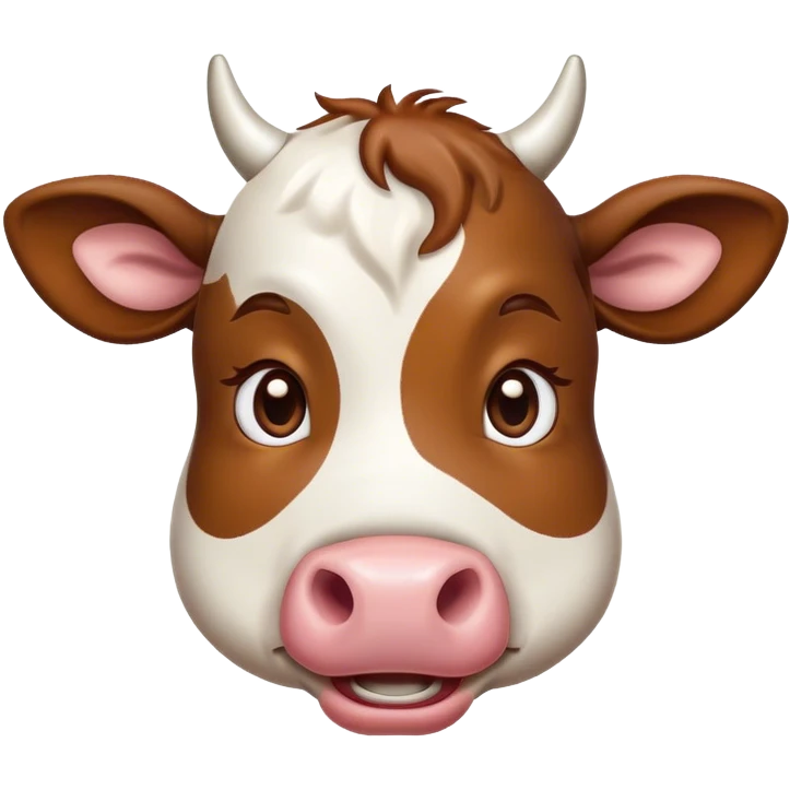 Cinematic Comical Brown and White Cow Portrait Emoji, Head tilted dramatically with an exaggeratedly amused expression, featuring a striking, glossy hide with a dynamic mix of brown and white, wide, expressive brown eyes filled with playful disbelief, Simplified yet hilariously expressive features, highly detailed, glowing with a slightly sassy glow, high shine, dramatic yet playful, stylized with an air of cheeky mischief, bright and endearing, soft glowing outline, capturing the essence of a spirited and over-the-top cow, so meme-worthy it feels like it could moo its way into internet fame instantly! emoji