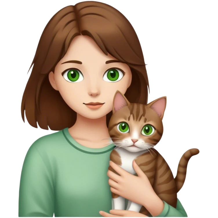 white girl with brown hair green eyes holding a tabby cat emoji