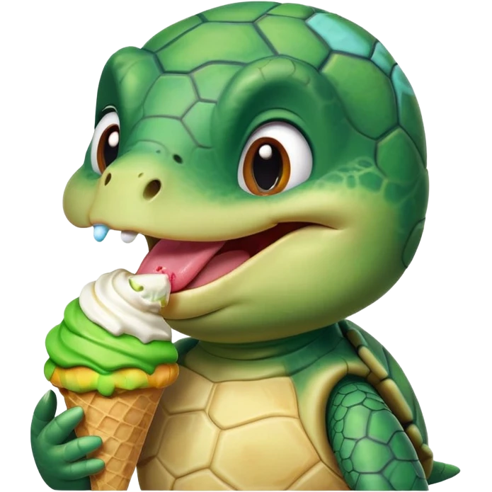 cute turtle portrait, head and shoulders only, licking an ice cream cone, funny happy expression, 3D cartoon, mobile game icon style, clean background, no text, no watermark
 emoji