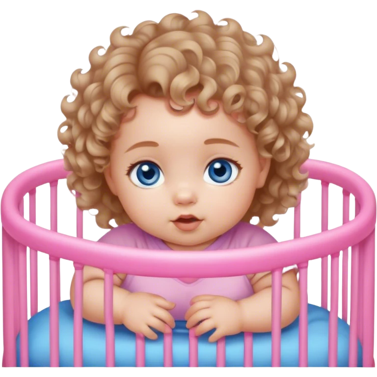 Deep Blue-eyed baby girl with short light brown soft curls,, chubby pink cheeks, in playpen  emoji