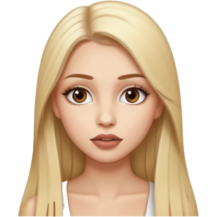 una chica con pose divertida de 18 años con los labios con pintalabios nude y los ojos maquillados, de piel blanca con el pelo liso, largo y rubio, ojos marrones GUAPA emoji
