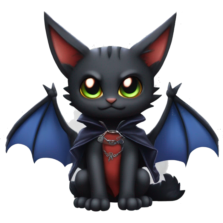 Cute edgy cool beautiful realistic vampiric dark eldritch fantasy Litten-Fakémon-Digimon with bat-wings as ears full body, cloak, choker collar, harness, leg straps emoji