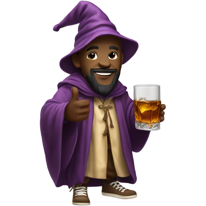 A wizard wearing wavy robes and Jordan sneakers drinking a glass of whiskey in the rain emoji