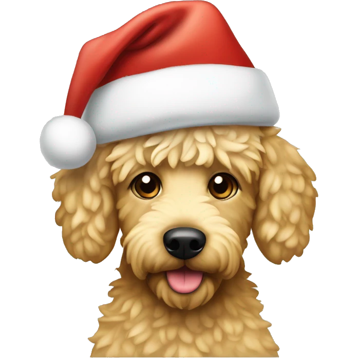 cute blonde groodle dog with a santa hat  emoji
