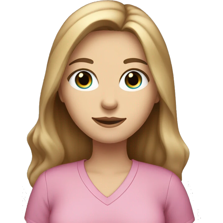 White woman with blue eyes and long dark hair wearing a pink shirt and holding a tabby cat emoji