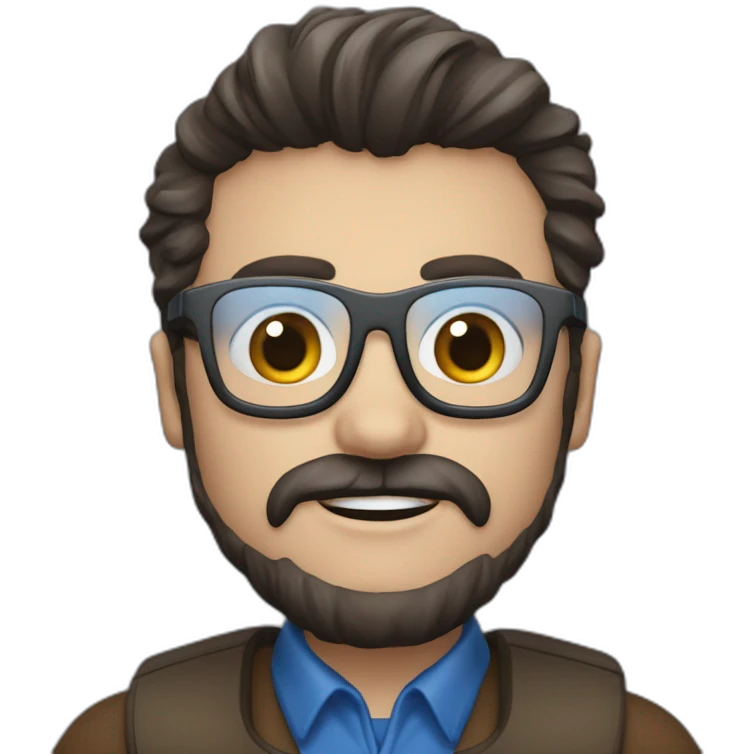 Man met dunne baard, donkerbruin haar, zwarte bril, blauwe ogen emoji