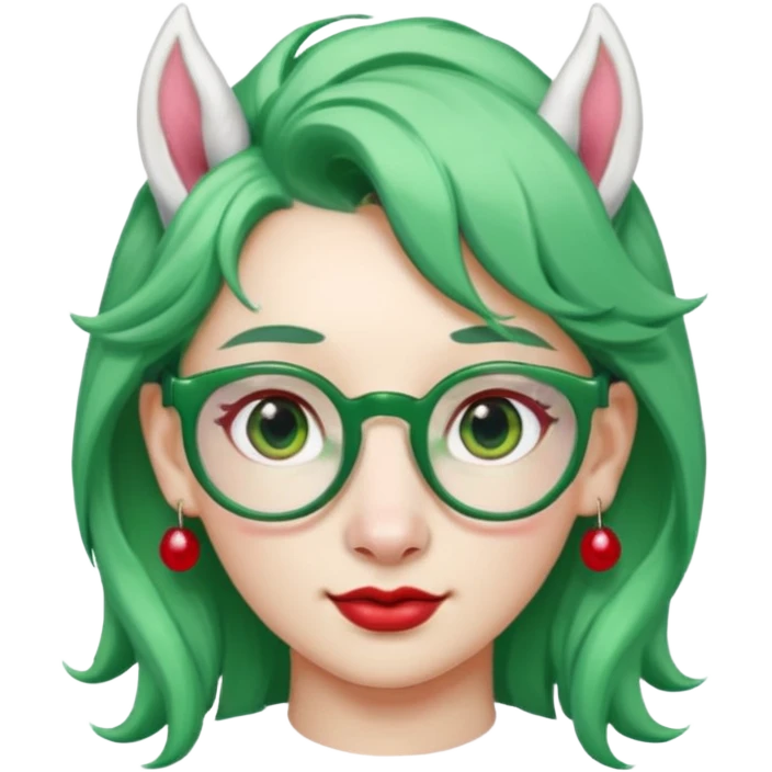 white unicorn with green hair and big red earrings looking into camera and spectacle emoji