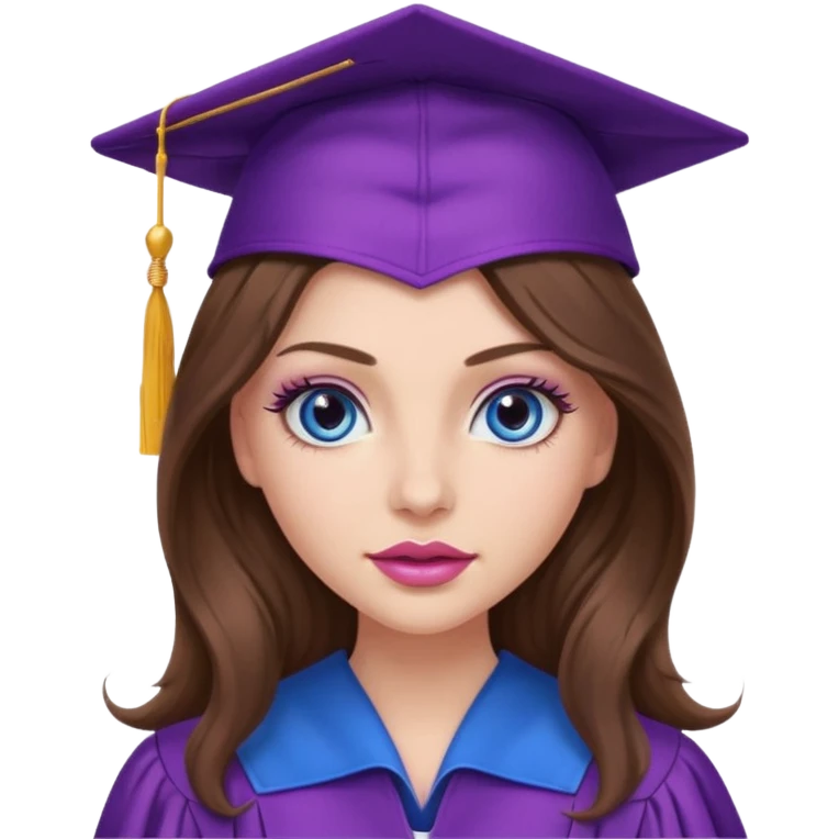 girl with very long wavy brown hair, blue eyes, long lashes makeup, sexy pink lips, wearing a purple graduation cap and gown emoji