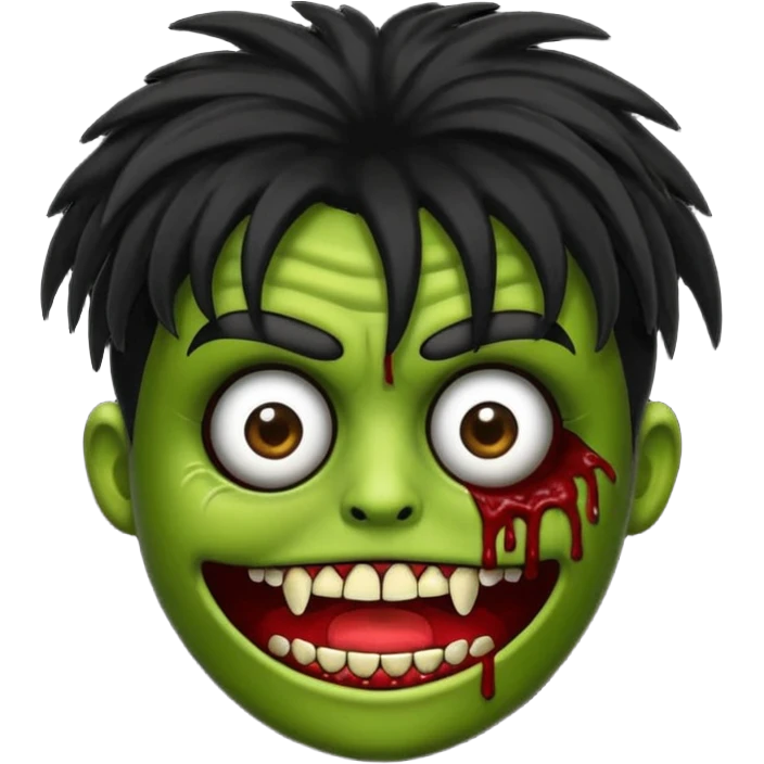 Un emojin de zumbi com cabelo comprido preto e franja emoji