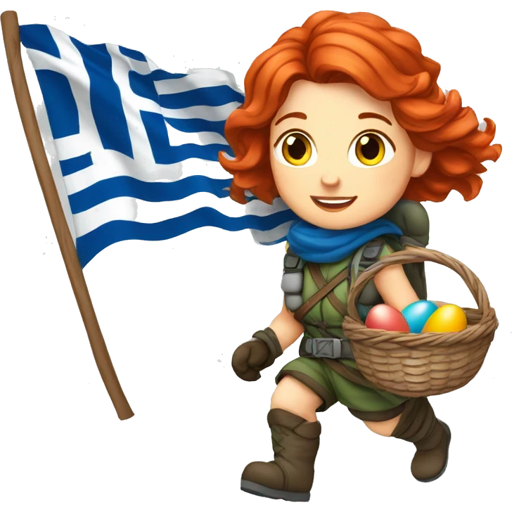 Greek Female winter mountaineer red hair white skin climbing with Greek Flag and Easter eggs basket emoji