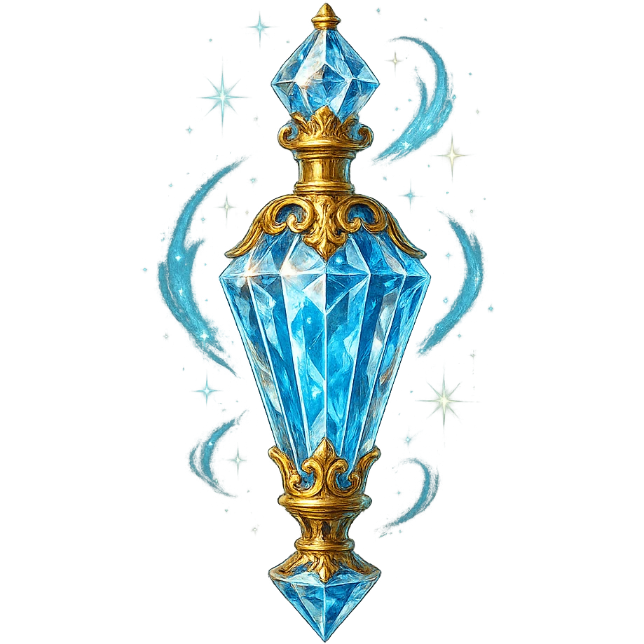 very luxurious crystal baton-shaped elixir bottle, lots of shining, edges, ornaments, golden details, magical effects, very small golden neck, transparent background, beautiful seamless bottom, bottle clearly floating in air, no base or shadow, premium class, playful, matching the collection emoji