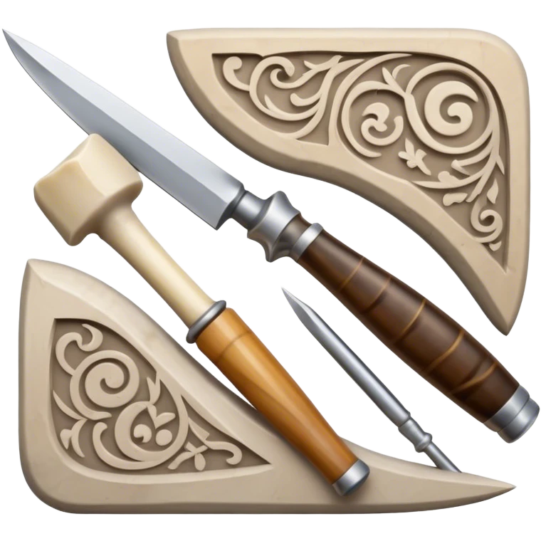 Carving icon, stone, bone, and horn with detailed patterns, carving tools like chisel and awl, minimalistic style, clean lines, transparent background. emoji