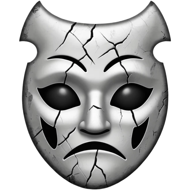 Minimalist emoji-style sticker of a sad theater mask with chipped surface, grayscale tones, one eye empty, slight burn marks

 emoji