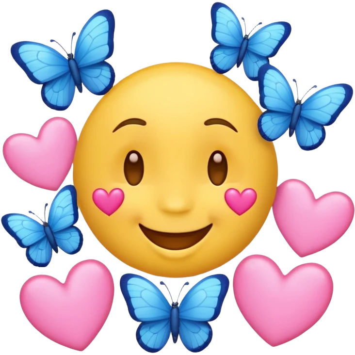 happy face emoji with pink hearts and blue butterflies around it emoji