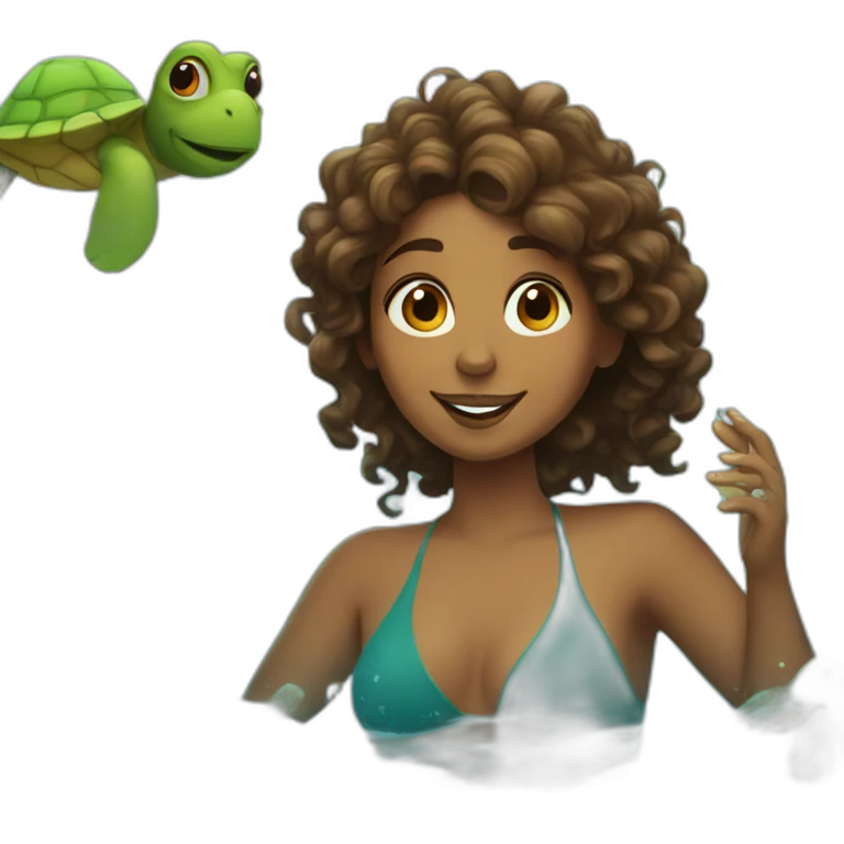 Indian woman with wavy hair swimming with a turtle emoji