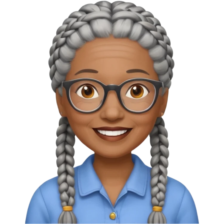 Older woman of color with gray braids, glasses and smiling emoji