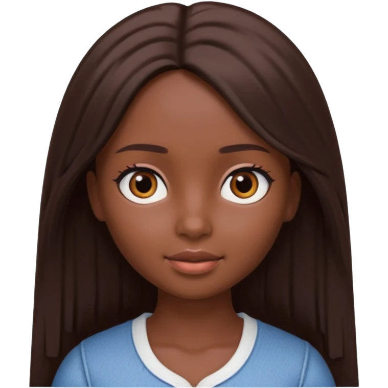 Boneca digital em estilo 3D realista e fofo, semelhante a uma boneca colecionável. Mulher jovem com pele negra, olhos castanhos escuros, cabelo liso cor chocolate, longo e bem alinhado.  emoji
