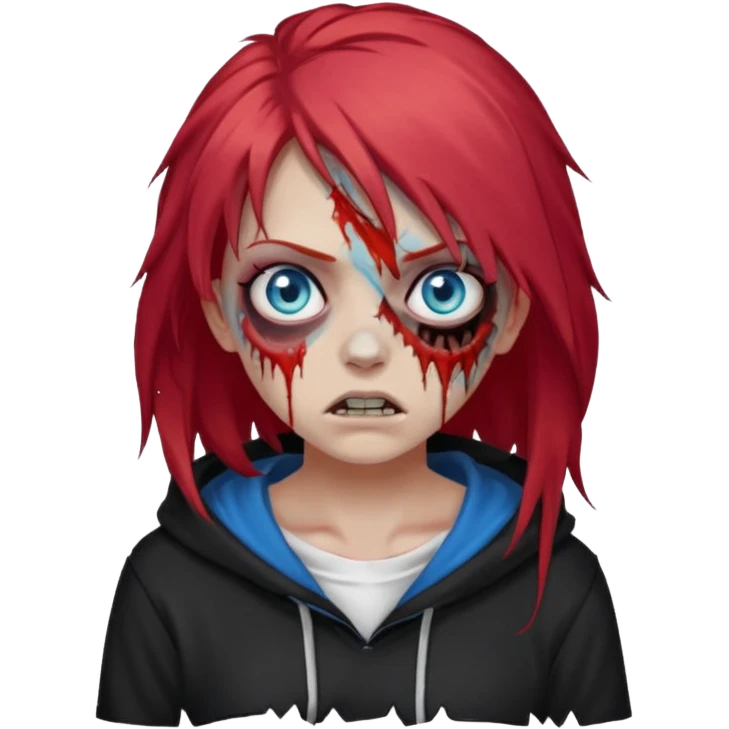 сделай рыжую девушку зомби с избитым лицом, не в полный рост, пусть ее рыжие волосы будут ниже груди с осветленными прядями, глаза у нее будут голубые, а одета она будет в дранную белую майку и черную зип худи emoji