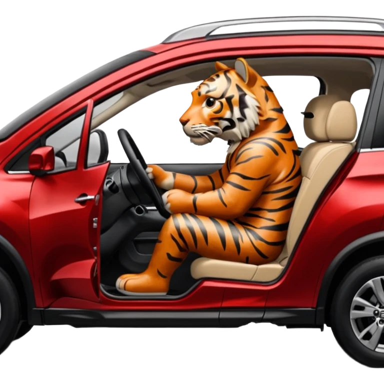 Side view of Tiger driving inside a RED NISSAN ROGUE SUV emoji