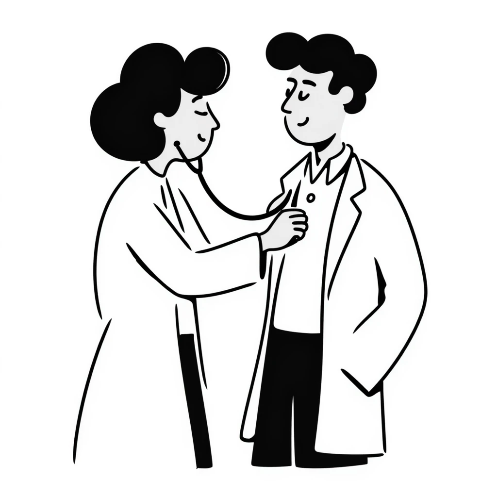 Female doctor in medical attire performing thorough examination of male patient's upper body, checking heart and lungs with stethoscope emoji