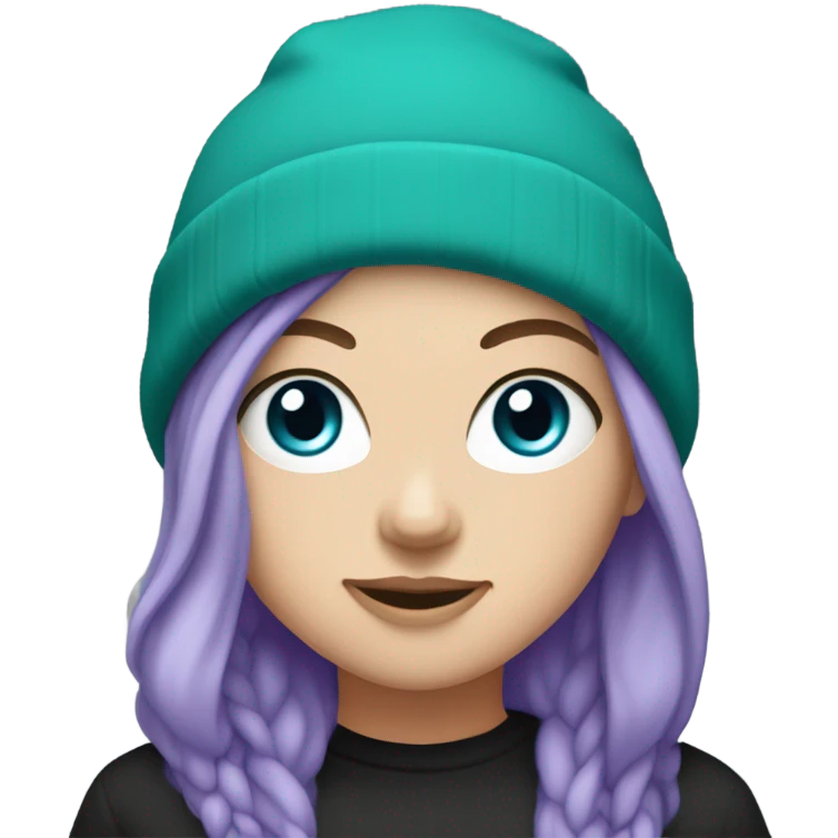 White girl, blue eyes, long teal hair, purple beanie hat, black hoodie emoji