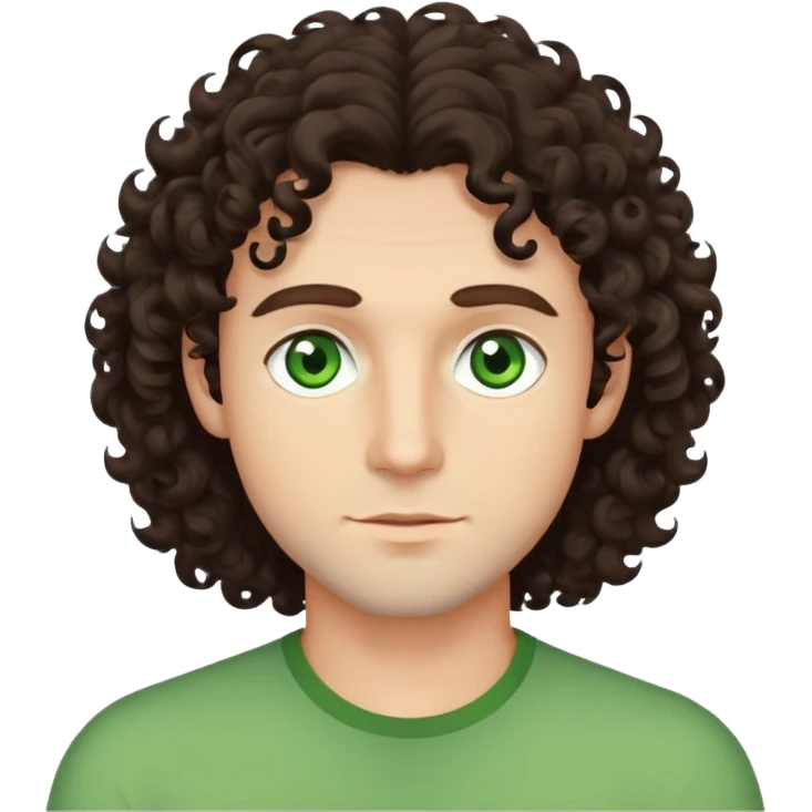man with shoulder-length dark brown curly hair and light green eyes emoji