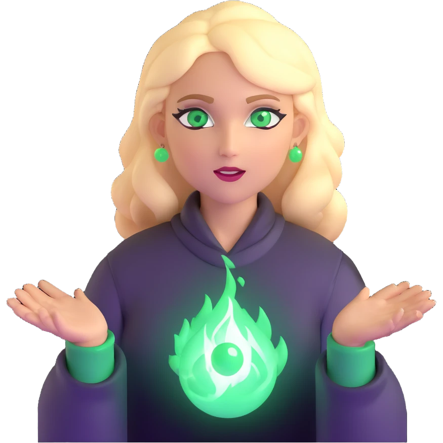 blonde woman with green eyes, fireballs and magical effects emoji