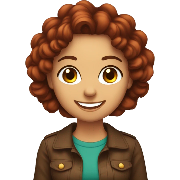 mujer con pelo rizado pelirrojo, sonriente y ojos marrones verdosos levantando las manos de alegría emoji