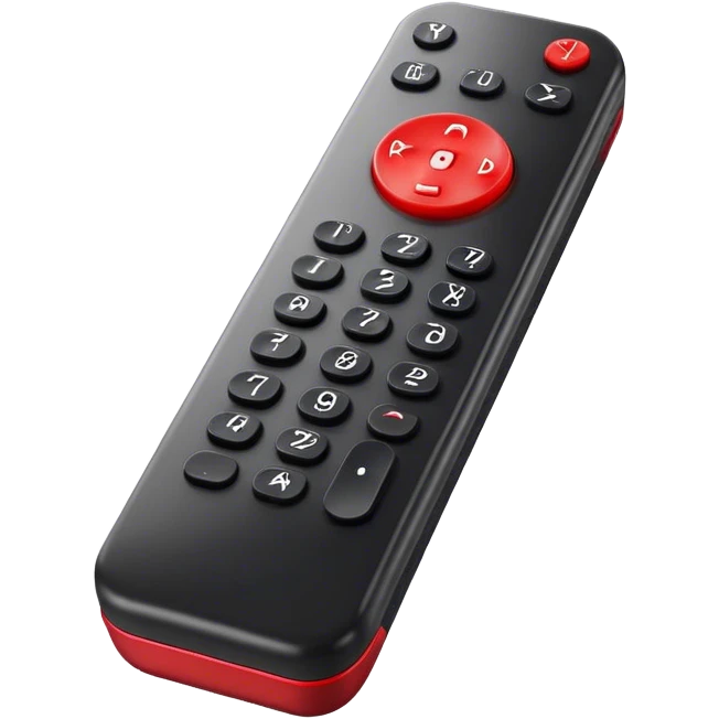 One big black tv remote control with red border, frontal face in  2 dimensions. The remote control have to have 4 buttons in black and one big one big red play button in the middle emoji