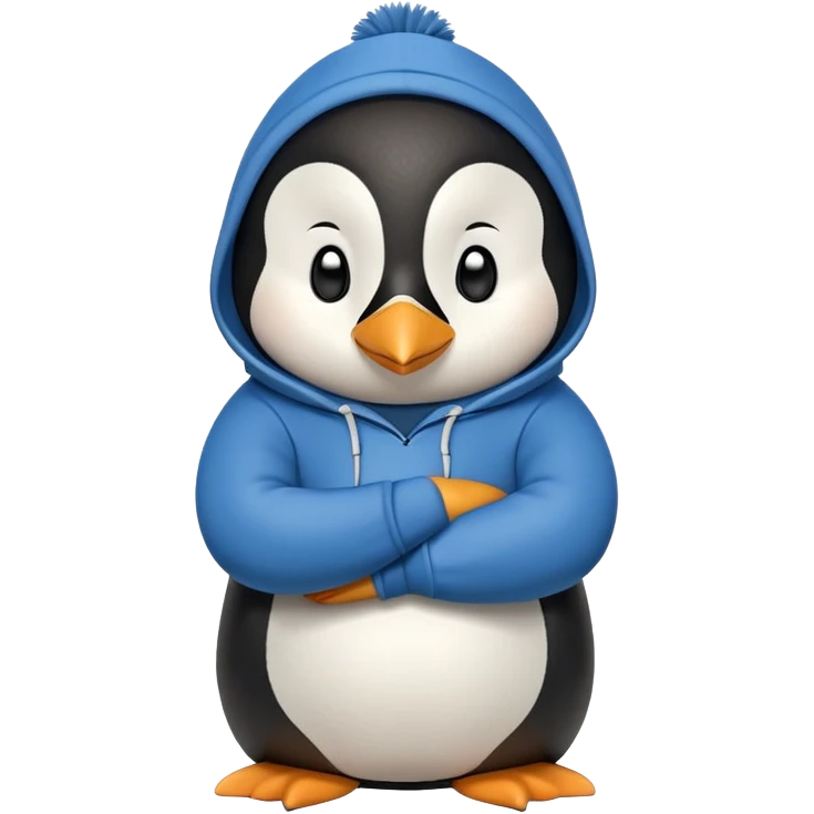 friendly anthropomorphised penguin in a hoodie and jeans relaxed pose with arms folded emoji