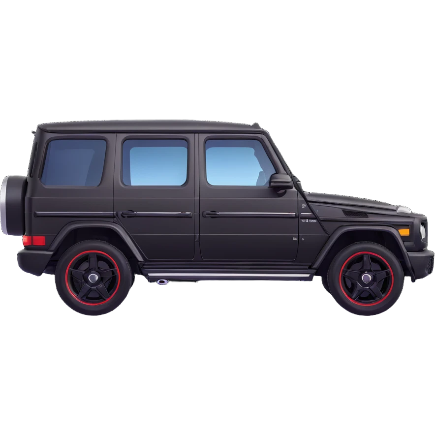 Edit the Mercedes G-Class SUV exact side view to be about 50% minimalized but keep key details like simple door lines and basic rims. Maintain the clear G-Class shape in black color. Style it in 3D Apple emoji-like style with no background, balancing minimalism and recognizability. emoji